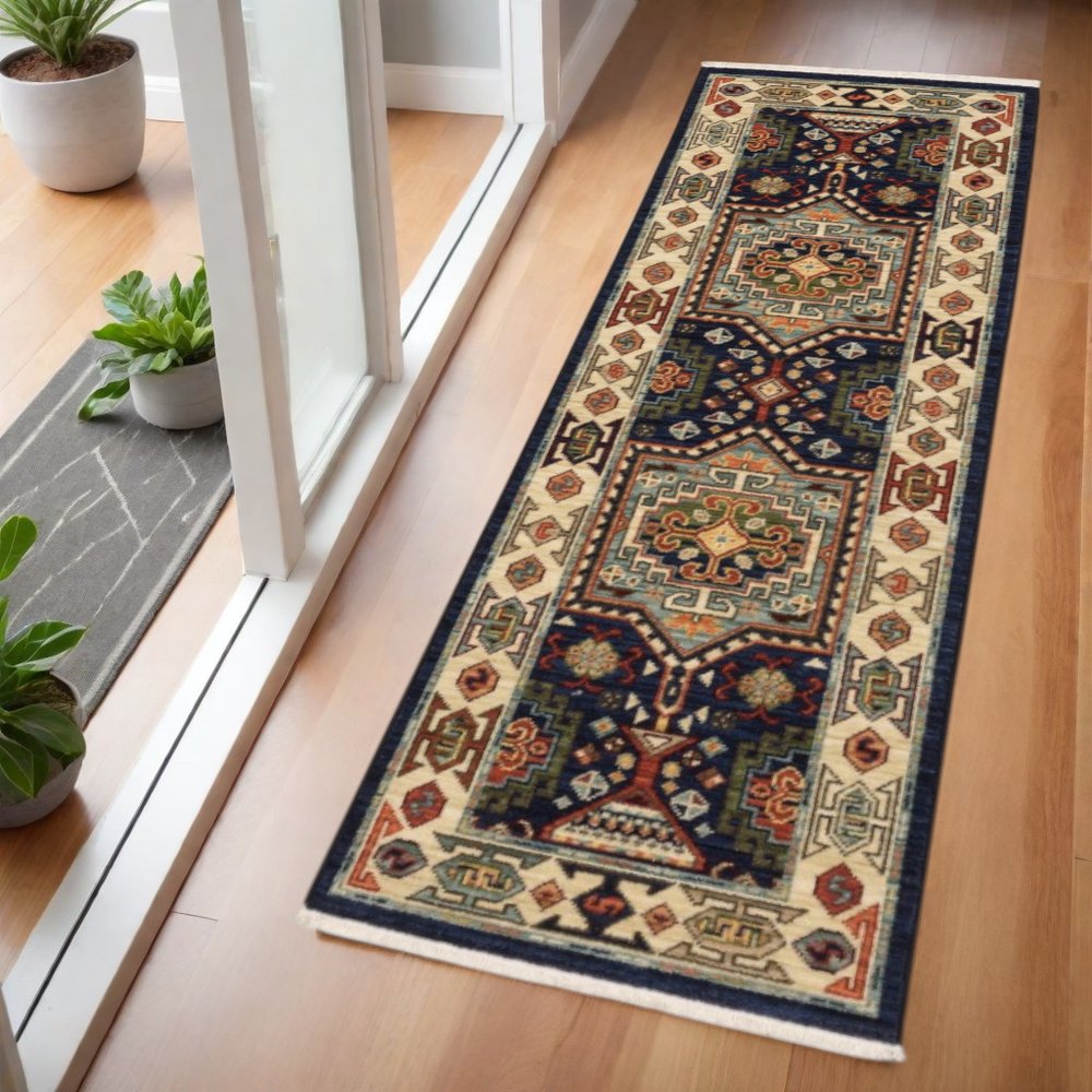 6' Blue And Ivory Wool Handmade Runner Rug