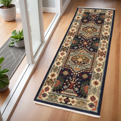 6' Blue And Ivory Wool Handmade Runner Rug