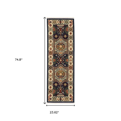 6' Blue And Ivory Wool Handmade Runner Rug