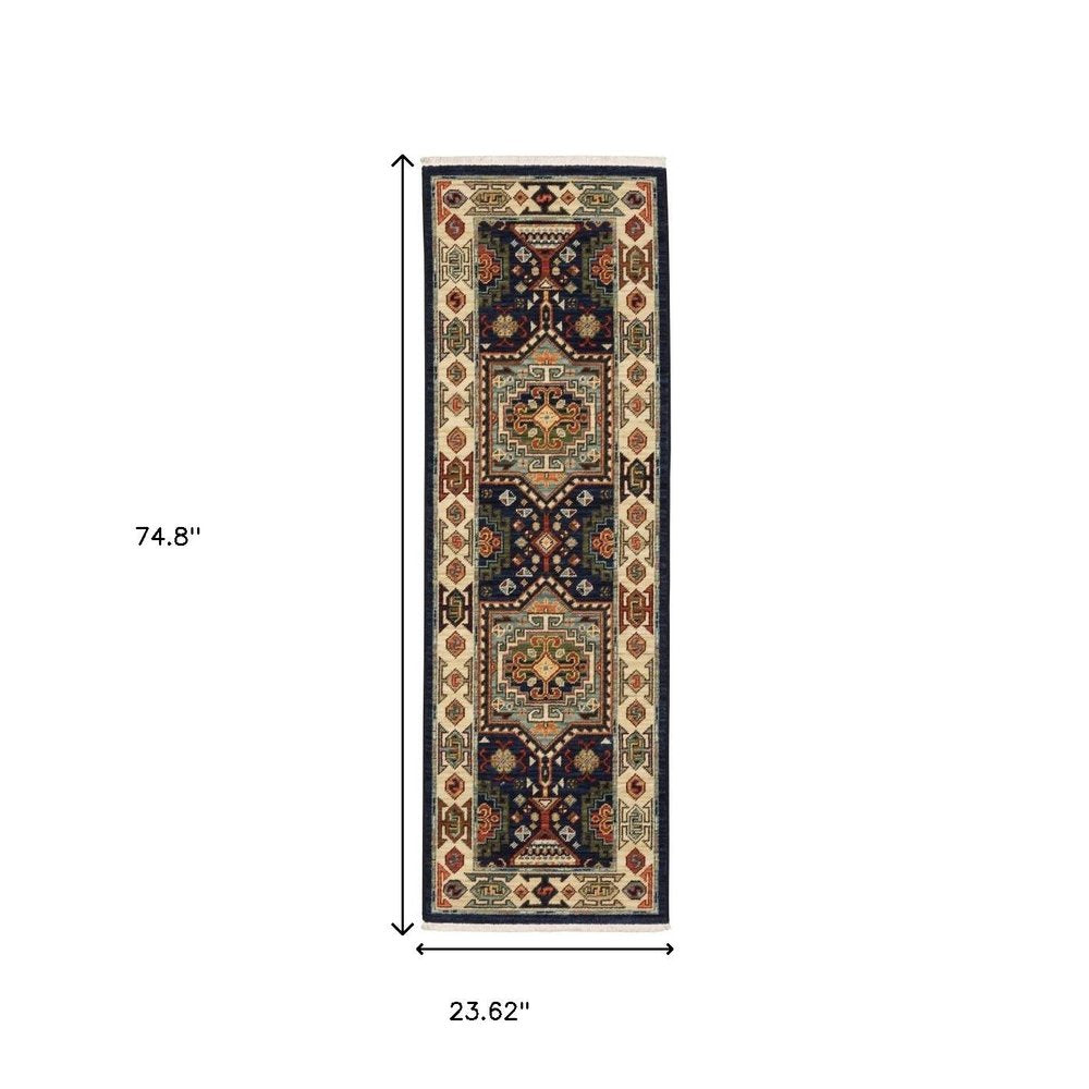 2' X 3' Blue Ivory Machine Woven Medallion Indoor Area Rug