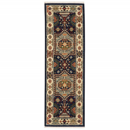 6' Blue And Ivory Wool Handmade Runner Rug