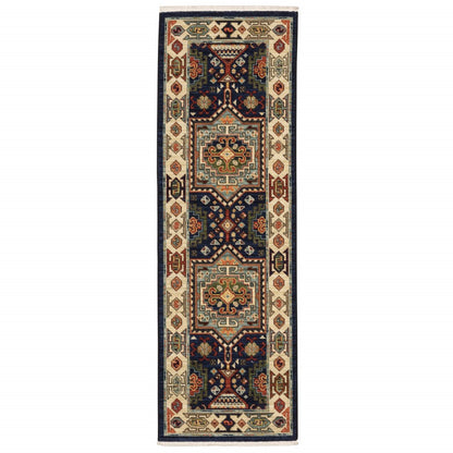 6' Blue Ivory Machine Woven Medallion Indoor Runner Rug