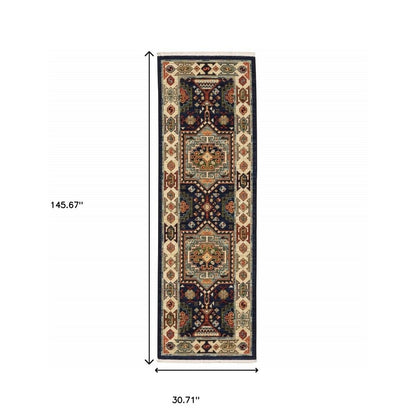 10' X 13' Blue And Ivory Medallion Area Rug