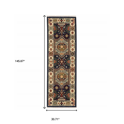 6' Blue Ivory Machine Woven Medallion Indoor Runner Rug