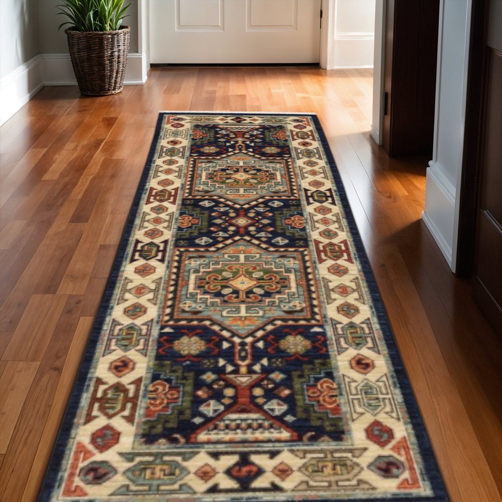6' Blue And Ivory Wool Handmade Runner Rug