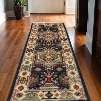 6' Blue And Ivory Wool Handmade Runner Rug