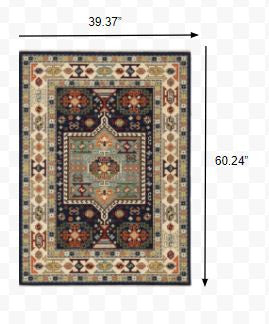 6' Blue Ivory Machine Woven Medallion Indoor Runner Rug