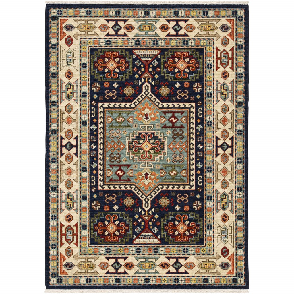 6' Blue Ivory Machine Woven Medallion Indoor Runner Rug