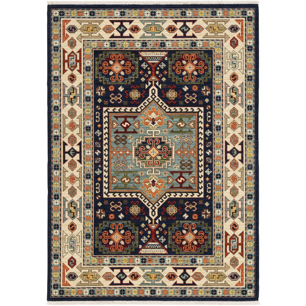 6' Blue Ivory Machine Woven Medallion Indoor Runner Rug