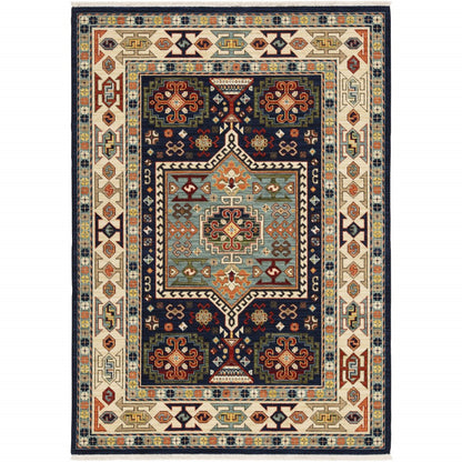 6' Blue Ivory Machine Woven Medallion Indoor Runner Rug