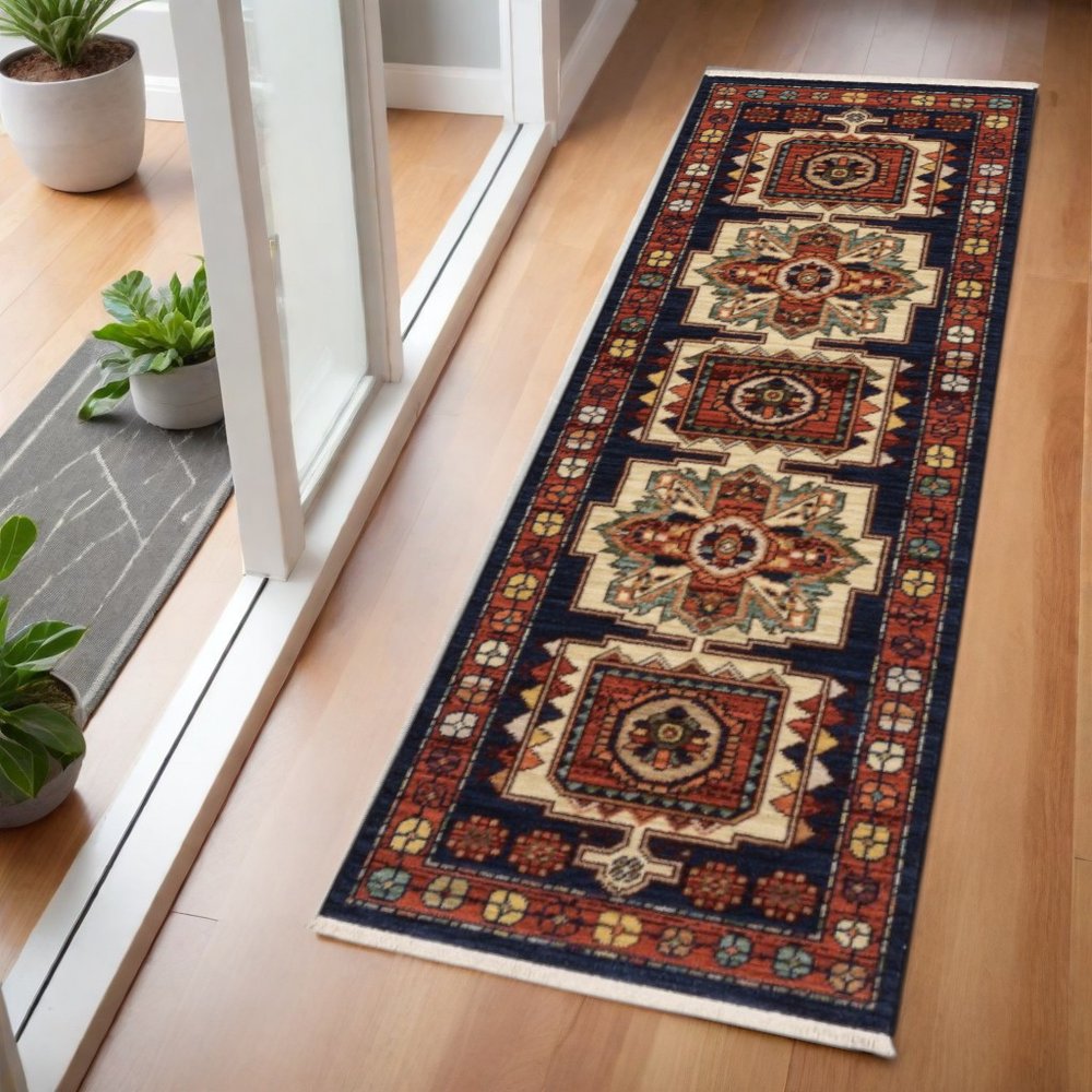 12' Blue And Red Wool Handmade Runner Rug