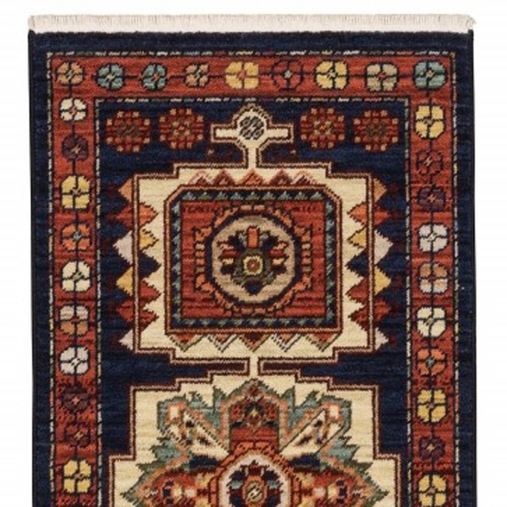 12' Blue And Red Wool Handmade Runner Rug