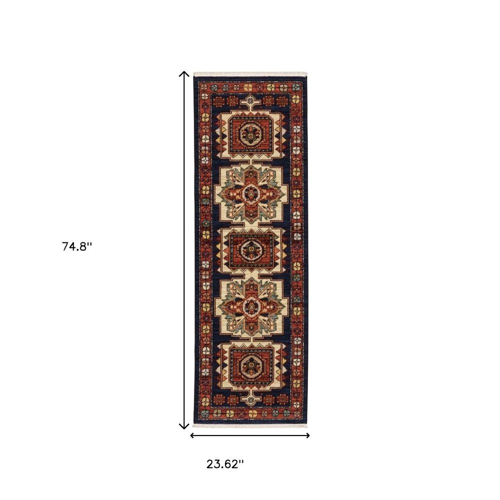 12' Blue And Red Wool Handmade Runner Rug