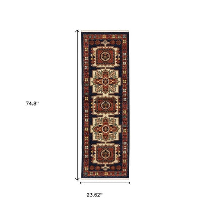 12' Blue And Red Wool Handmade Runner Rug