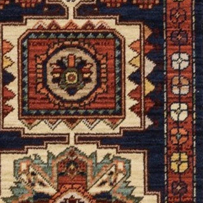 12' Blue And Red Wool Handmade Runner Rug