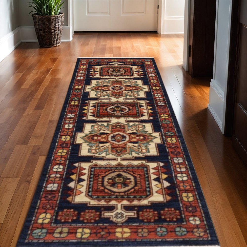 2' X 3' Red Blue Machine Woven Oriental Indoor Area Rug