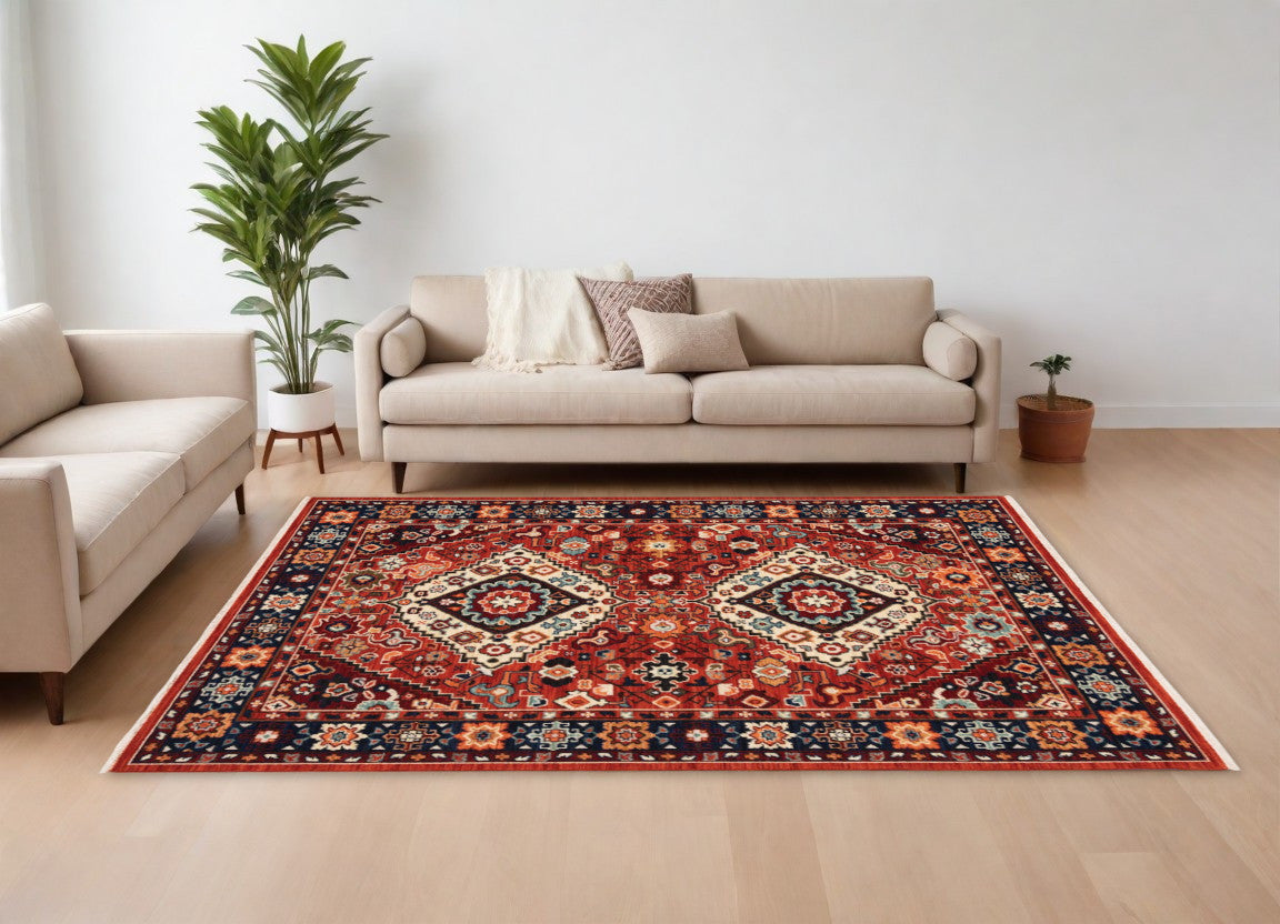 2' X 3' Red Blue Machine Woven Oriental Indoor Area Rug