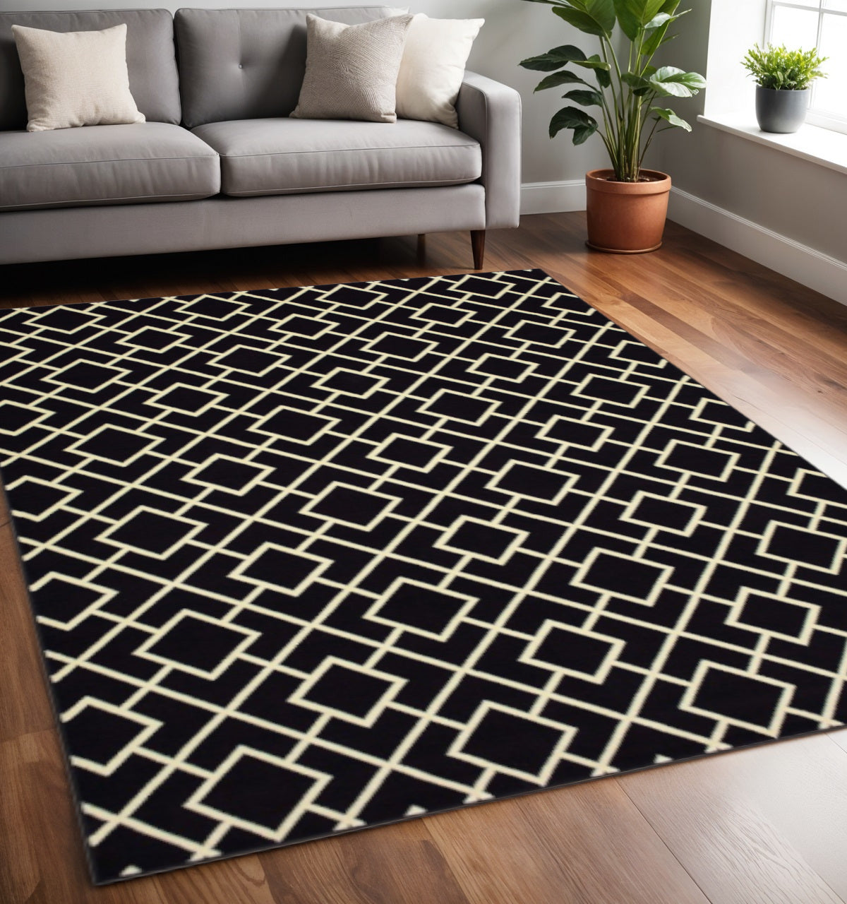 10' X 13' Black And Ivory Diamond Area Rug