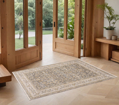 9' X 12' Beige Grey Machine Woven Oriental Indoor Arean Rug