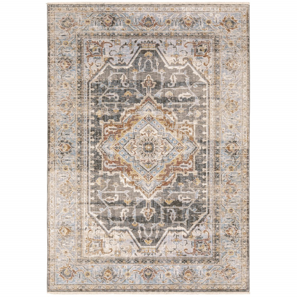 8' Grey Blue Machine Woven Medallion Indoor Runner Rug