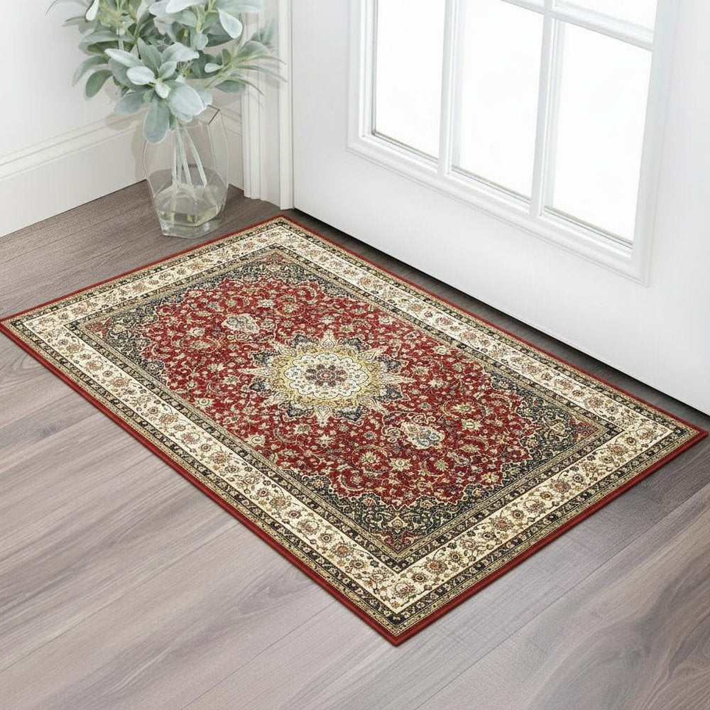 2' X 3' Red And Ivory Area Rug