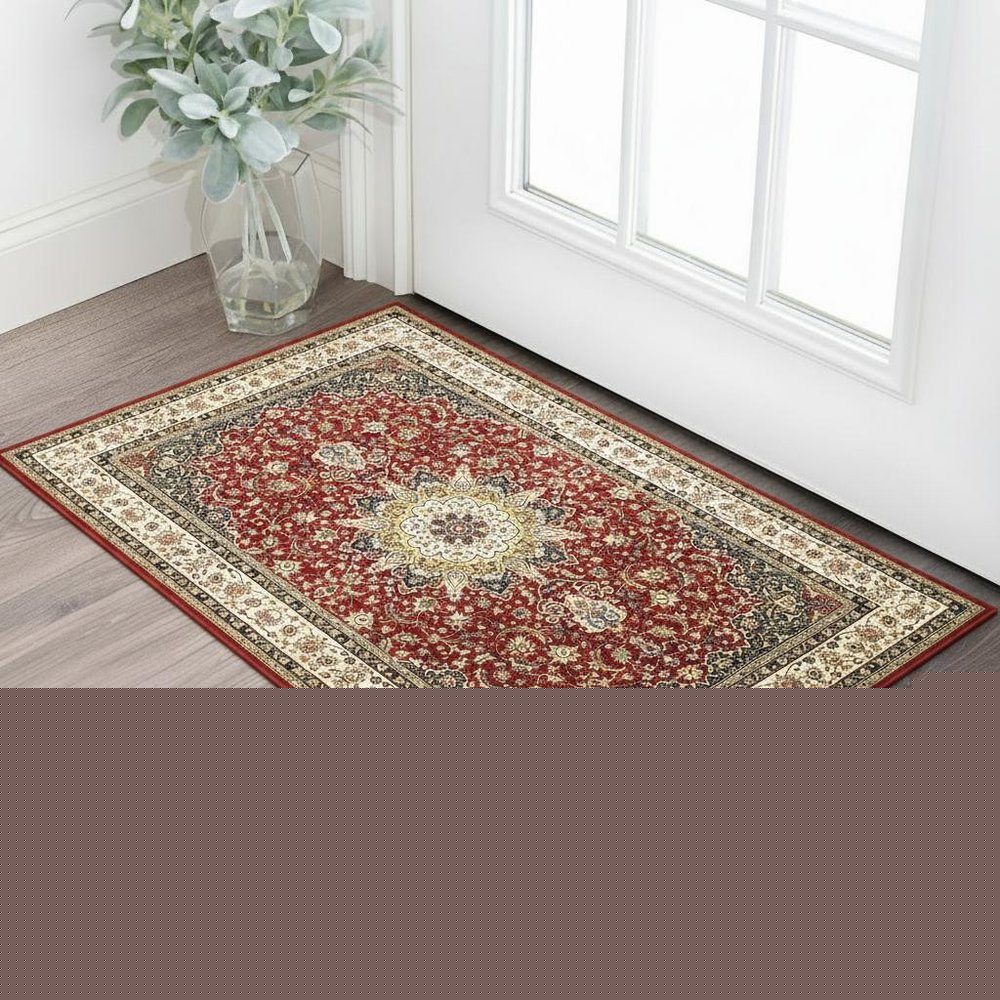 2' X 3' Red And Ivory Area Rug