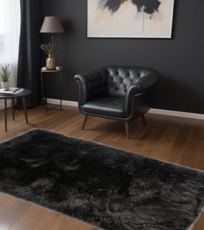 2' X 5' Black Natural Rectangular Sheepskin Area Rug