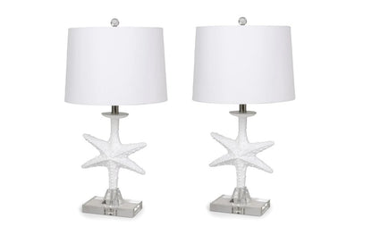 Set of Two 28" Clear and White Coastal Star Fish Table Lamps With White Drum Shades