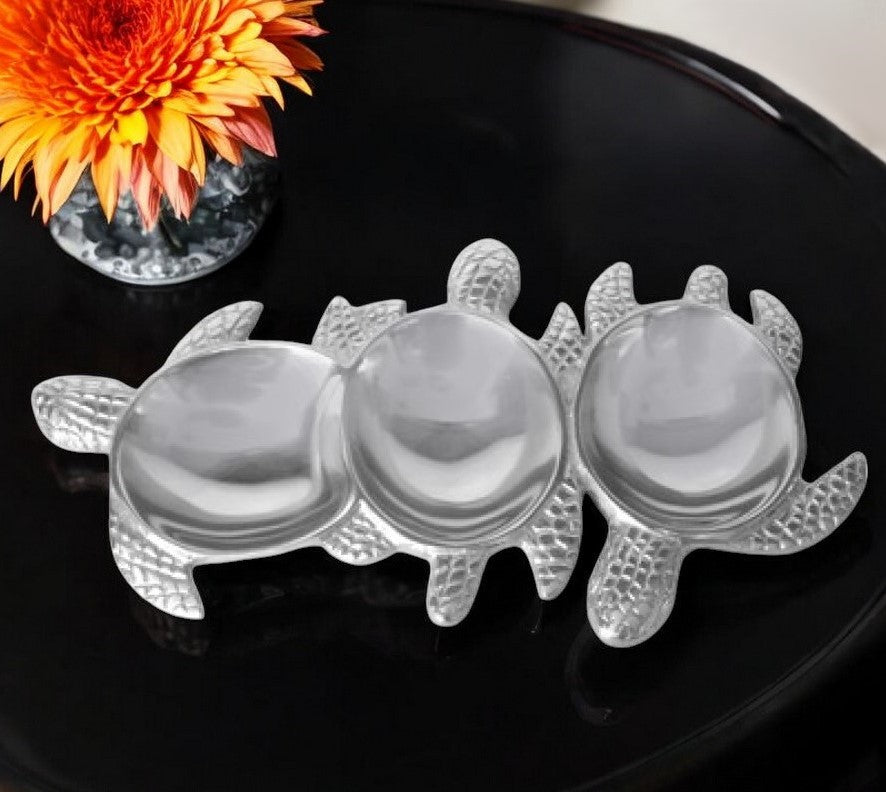 9" Silver Turtle Stainless Steel Hammered Indoor Outdoor Handmade Serving Tray With Handles