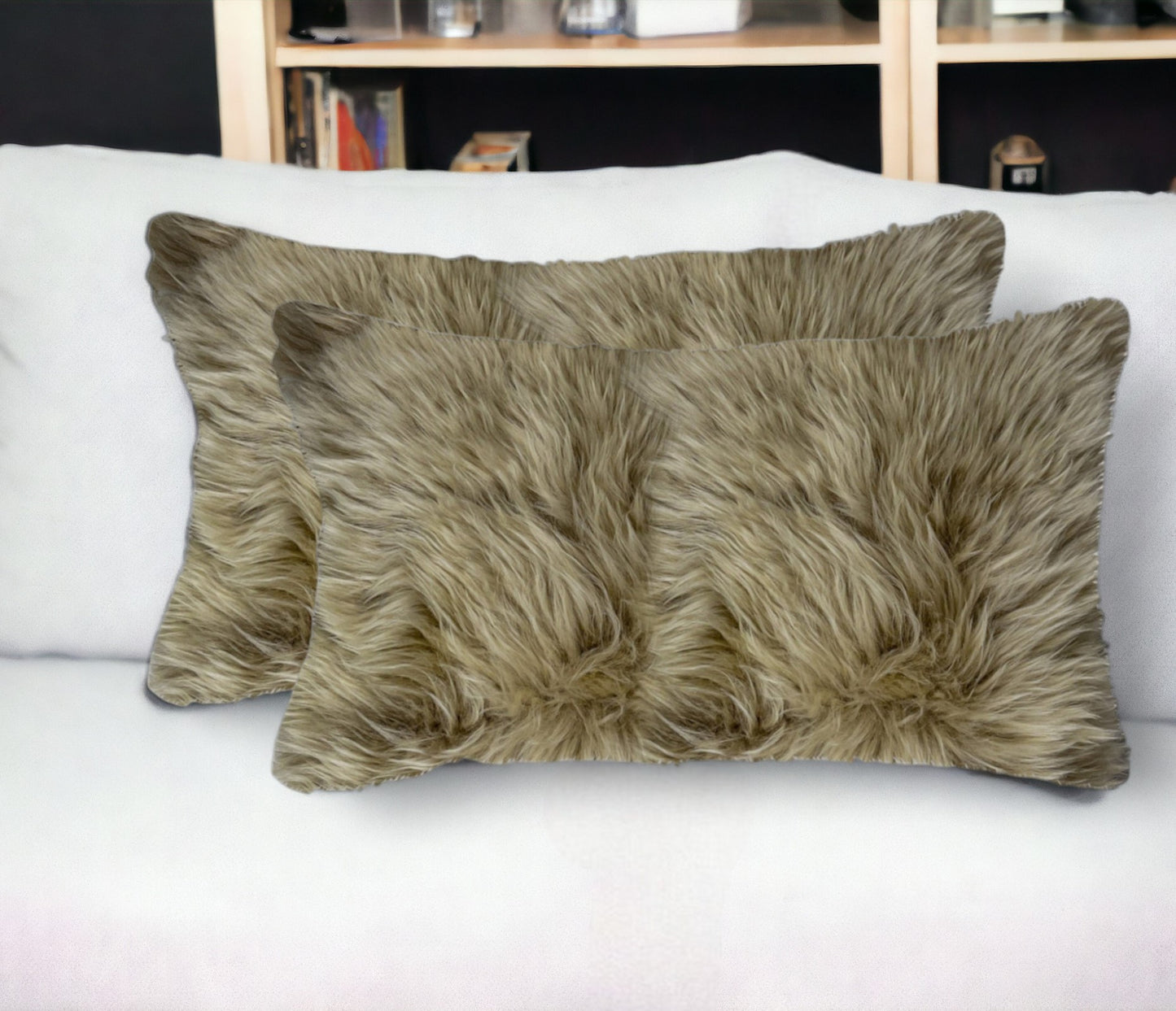 Set of Two 12" X 20" Taupe Sheepskin Lumbar Throw Pillows