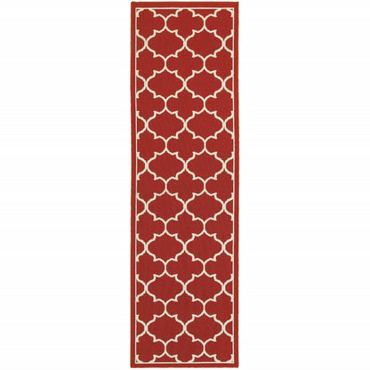 8' Red And Ivory Indoor Outdoor Runner Rug