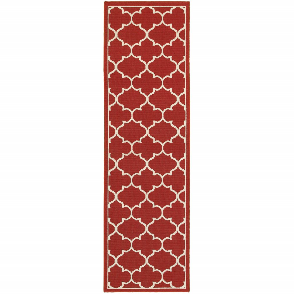 8' Red And Ivory Indoor Outdoor Runner Rug