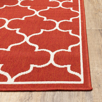 8' Red And Ivory Indoor Outdoor Runner Rug
