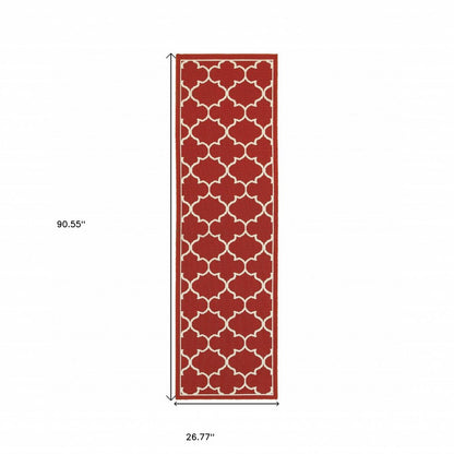 8' Red And Ivory Indoor Outdoor Runner Rug