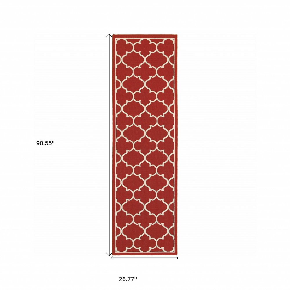 8' Red And Ivory Indoor Outdoor Runner Rug