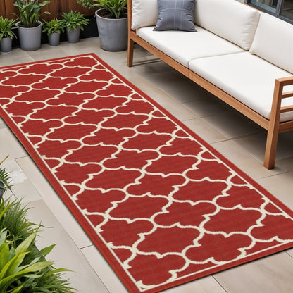8' Red And Ivory Indoor Outdoor Runner Rug
