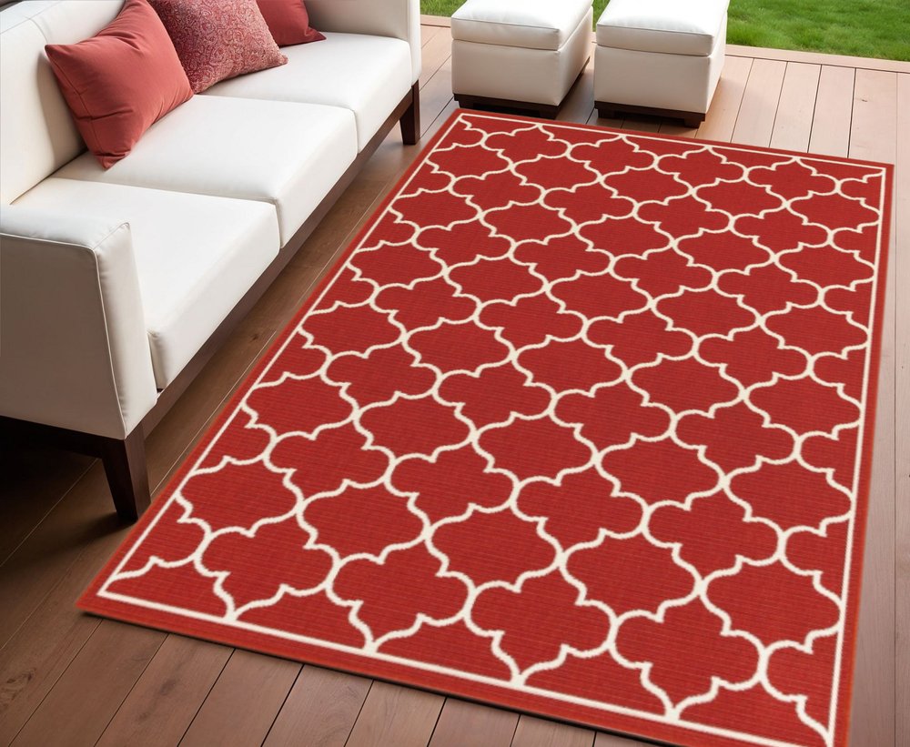 8' Red And Ivory Indoor Outdoor Runner Rug