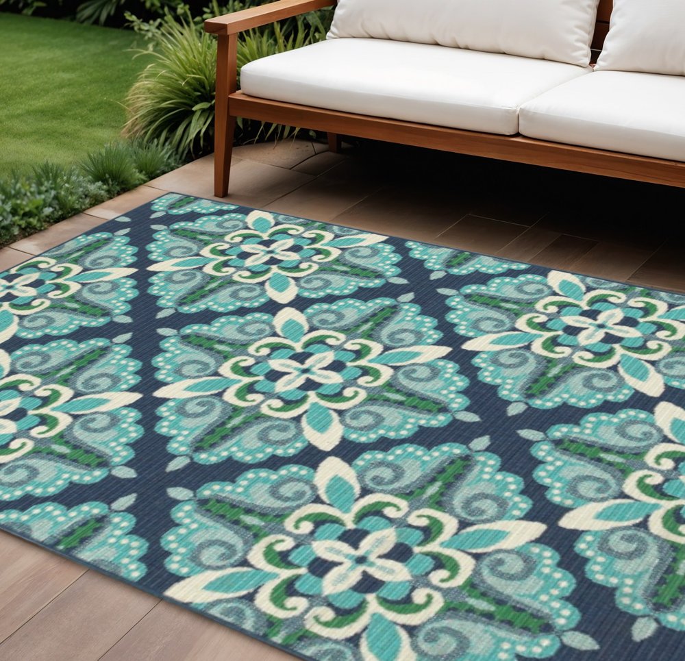 5' X 8' Blue And Green Indoor Outdoor Area Rug