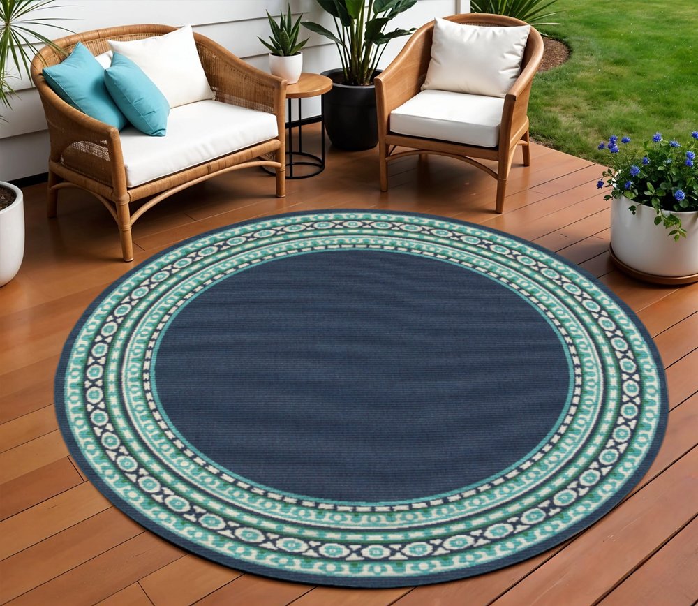 8' X 8' Blue And Green Round Indoor Outdoor Area Rug