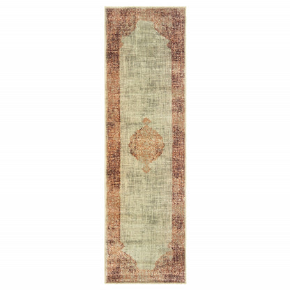 2' X 8' Ivory And Pink Medallion Runner Rug