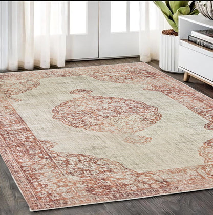 4' X 6' Ivory And Pink Medallion Area Rug
