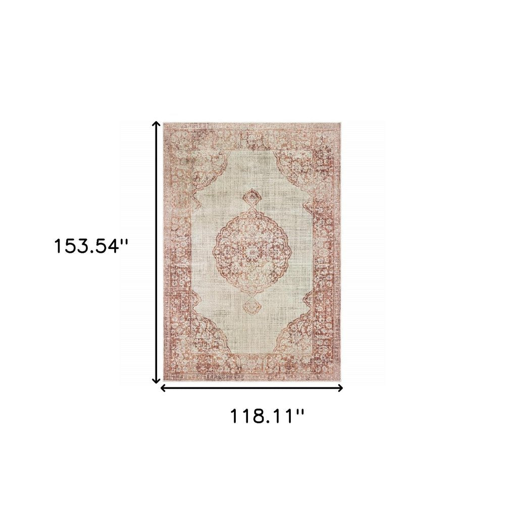 10' X 13' Ivory And Pink Medallion Area Rug