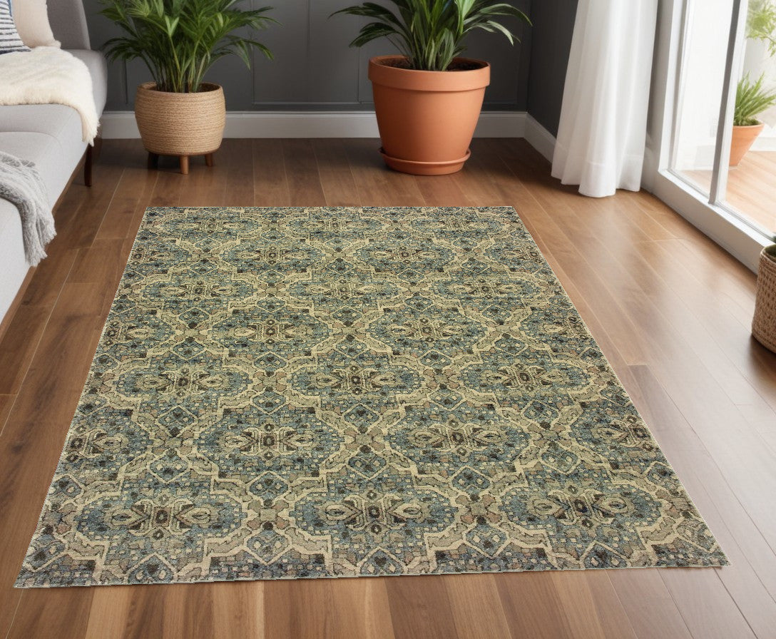 10' X 13' Ivory And Blue Geometric Area Rug