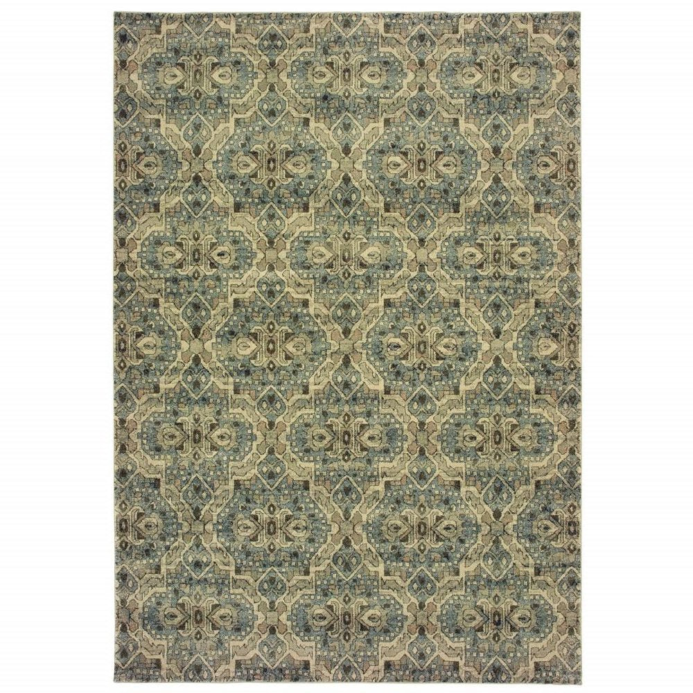 10' X 13' Ivory And Blue Geometric Area Rug