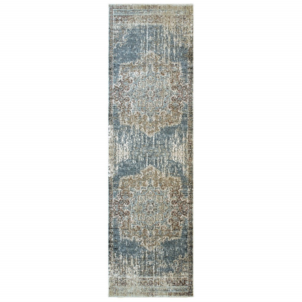 2' X 8' Blue And Ivory Medallion Runner Rug