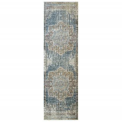 2' X 8' Blue And Ivory Medallion Runner Rug