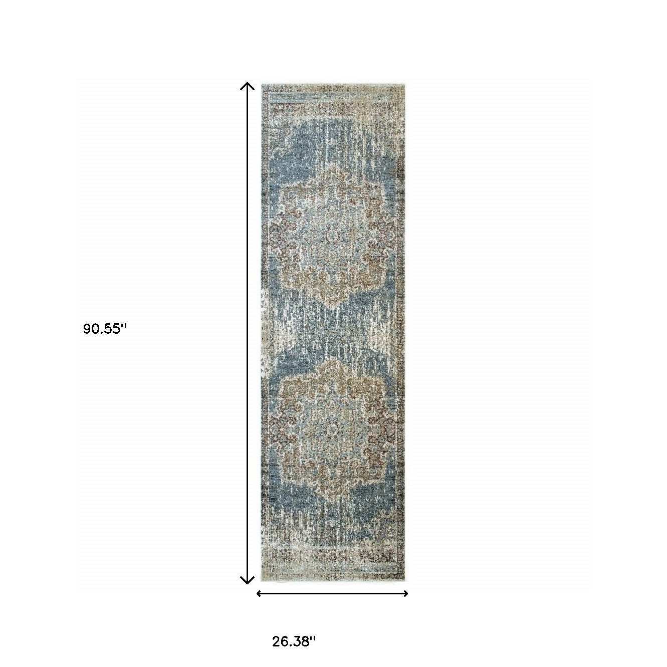 2' X 8' Blue And Ivory Medallion Runner Rug