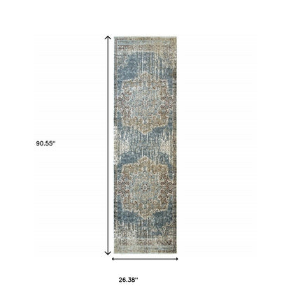 2' X 8' Blue And Ivory Medallion Runner Rug