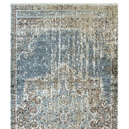 2' X 8' Blue And Ivory Medallion Runner Rug