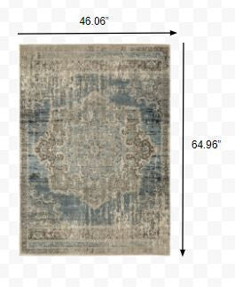 2' X 8' Blue And Ivory Medallion Runner Rug